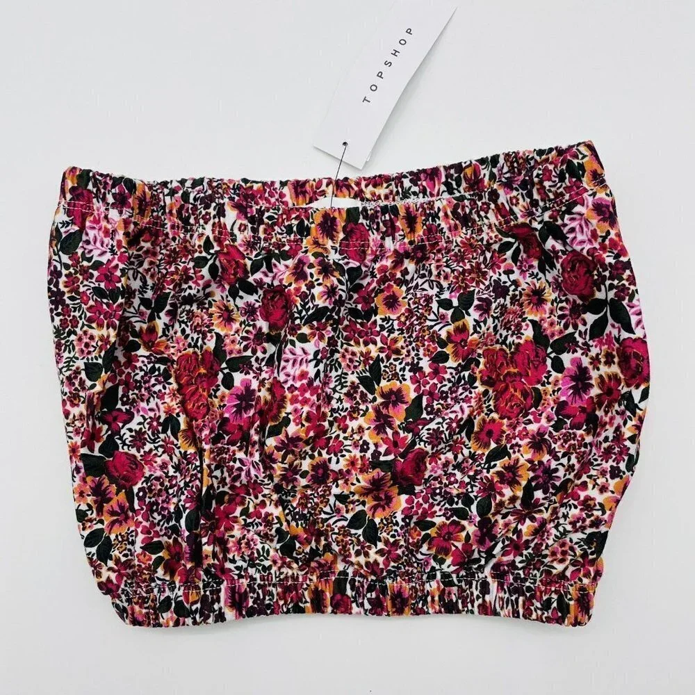 Topshop Womens Size 4 US Cotton Cropped Floral Print Bandeau Top Pink Multi 1711